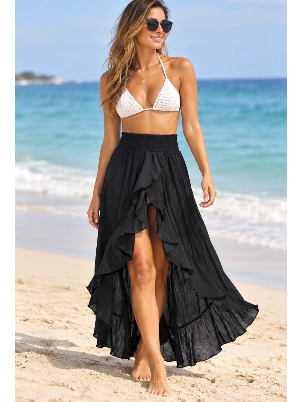 Women’s M Black Ruffle Maxi Skirt Smocked Waist High Low Beach Swim Cover Up